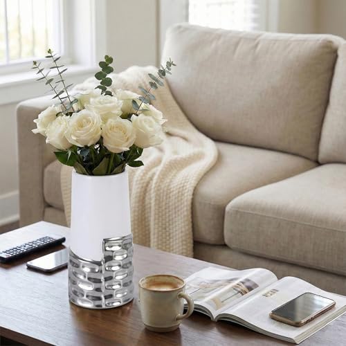 LCCCK 7.0" Silver Hammered Vase Home Decor, Elegant Ceramic White and Silver Flower Vase for Pampas Grass Decorative, Boho Small Cylinder Vases Centerpiece, Dining Table Living Room Jarrones Art - color: White and Silver