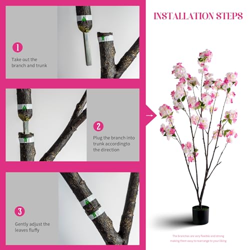 Ttranewsoo Fake Tree Cherry Blossom Tree 59In Artificial Cherry Blossom Tree Tall Fake Plant Faux Trees Indoor Artificial Trees for Home Decor Indoor Applies to Living Room Bedroom Balcony (Pink Rose) - color: 1.5m Pink Rose