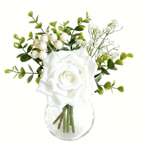 Garvee 6 Pcs Artificial Flowers in Vase, Lifelike Fake Rose Eucalyptus Leaves & Baby Breath, Faux Flower Arrangements for Wedding Bride Bouquets Home Kitchen Table Decorations, White