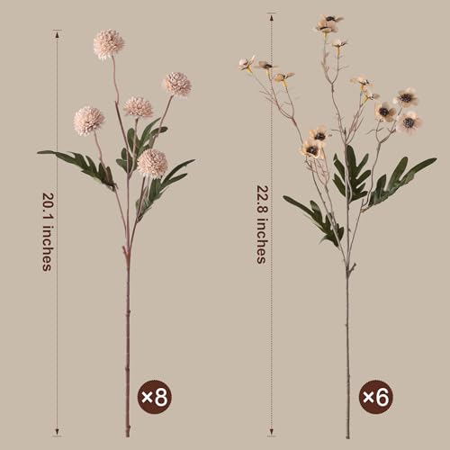 HyeFlora Faux Silk Pompon Mums Artificial Flowers for Vase Kiku Stems & Eucalyptus Floral Arrangement Dried Flowers Vintage Decorative Aesthetic for Home Vase Decor - color: 14pcs-beige Wax&kiku