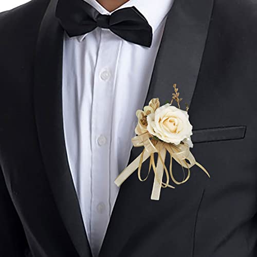 Boutonniere for Wedding Groom 2pcs Beige Satin Rose Groomsmen Best Man Father Suit Lapel Flower Button Hole Artificial Flower With Gold Ornament for Prom Homecoming, Tea Party, Formal Dinner - color: Beige Boutonniere