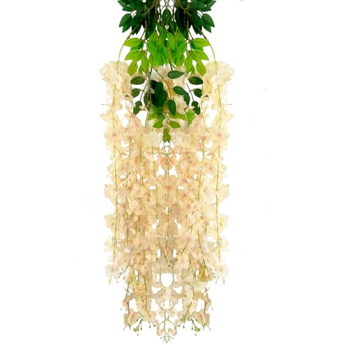 5 Pack Champagne Wisteria Hanging Flowers Garland, 3.77 Feet Artificial Flower Vines, Fake Wisteria, Artificial Vines Hanging Garland for Backdrop Outdoor Yard Garden Decor - color: Champagne, size: 5 PCS