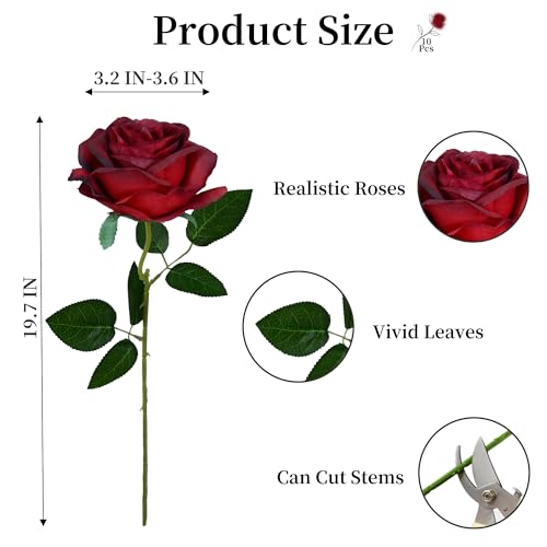 10 Pcs Wine Red Rose Artificial Flower, Faux Silk Flowers With Long Stems, Fake Roses Bulk Bouquet for Decoration Valentine's Day Centerpieces Proposal Bridal Bouquets Shower Party Home Floral Decor - color: Wine Red