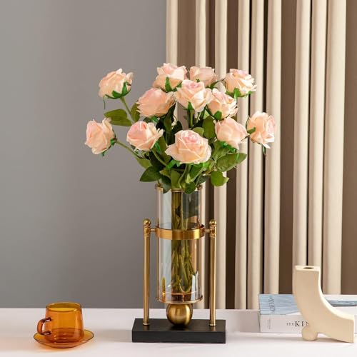 Pink Fake Roses Artificial Flowers - 10 Pcs Fake Artificial Roses Silk Flowers with Stems for Home Wedding Hotel Office Centerpiece Decor（Champagne Pink） - color: Champagne Pink, size: 10 Pcs