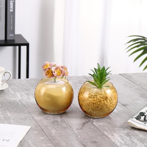 Amber Round Vases Set of 6, Glass Vase for Flowers, Flower Vases for Centerpieces, Glass Bowl Vase for Living Room, Bedroom, Kitchen, Office, Wedding - color: Amber, size: 3“
