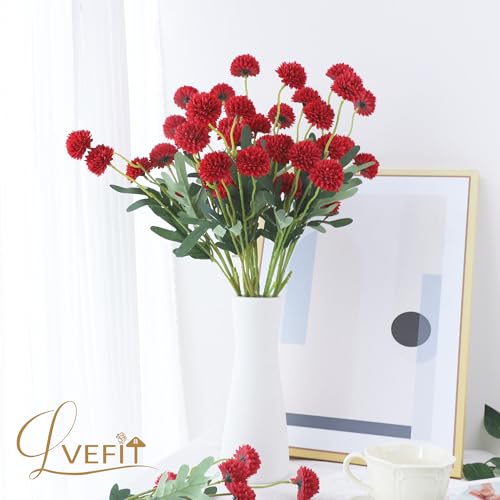 LVEFIT 10 Pcs Red Kiku Flower Fake Mums Long Stem Flowers,Faux Kiku Flower Bulk,Silk Flowers Mini Chrysanthemum Floral Arrangements,Artificial Flowers Chrysanth Mini Fake Flower - color: Red