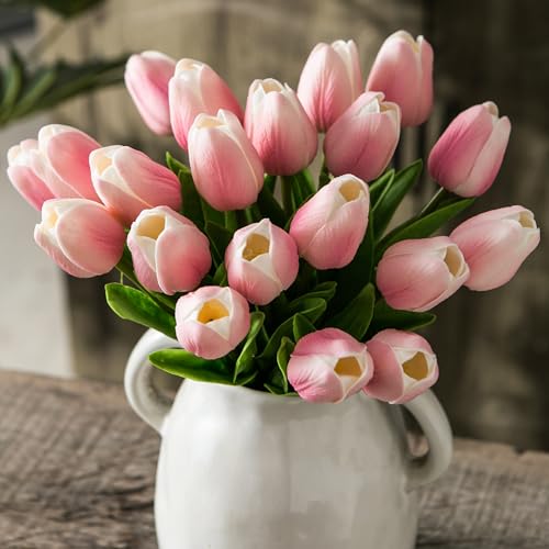Tanvecle 20pcs Pink and White Artificial Tulip Flowers, Silk Fake Flowers 13" for Mother's Day, Easter, Valentine’s Day Gifts in Bulk, Home, Kitchen, Wedding Decorations - color: Pink-white