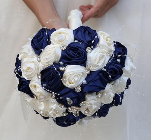 Ujicde Romantic Wedding Bouquet Bridal Bridesmaid Round Bling Brooch Bouquet Throw Toss Artificial Rose Flower Bunch with Sparkle Rhinestone Crystal Decoration(Navy Blue+Ivory,Dia. 6.3"*16cm) - color: Navy Blue+ivory, size: Dia. 6.3"*16cm