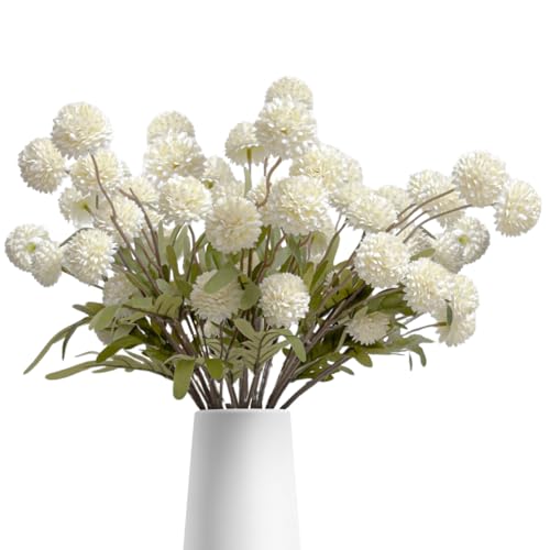Artificial Flowers 10 Pcs Faux Silk Pompon Mum, Bulk Fake Flowers Mini Chrysanthemums with Stems for DIY Bouquet Centerpieces Wedding Fillers Champagne Arrangements Room Decor, White - color: White