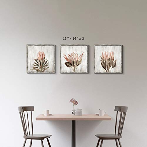 Pink Floral Wall Art Picture: Blossom Protea Flower Artwork Print on Rustic Wood Framed for Home Decor (16” x 16” x 3 Panels) - color: Wood Pink flower, size: 16'' x 16'' x 3 Panels
