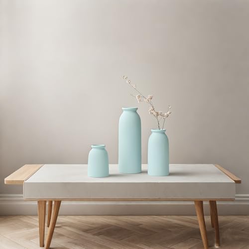 Ceramic Vase Set-3, Small Flower Vases for Decor, Modern Boho Farmhouse Style, Decorative Vases for Pampas Grass & Dried Flowers, Distressed Finish (Blue) - color: Blue