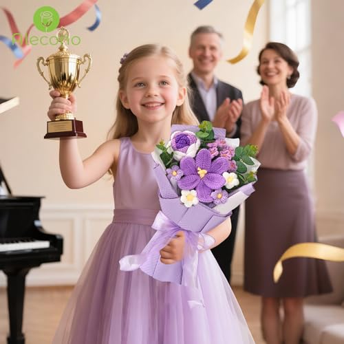 Alecono Crochet Flower Bouquet, Knitted Flowers, Purple Handmade Bouquet of Flowers for Lover Anniversary Birthday Party Mother's Day Graduation Gifts (Include Card) - color: Purple