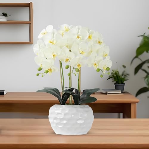 Orchid Artificial Flowers with White Vase Large Silk Faux Phalaenopsis Flowers for Dining Room Table Floral Centerpieces Indoor Decoration,White - color: 1332-white
