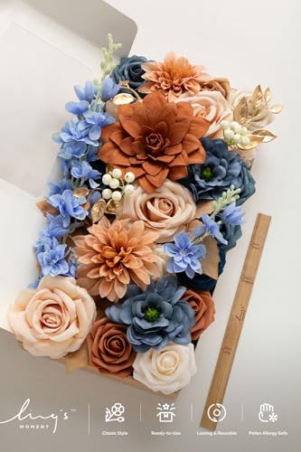 Ling's moment Burnt Orange & Navy Artificial Flowers and Greenery Deluxe Combo Box Set, Terracotta Fake Flower for DIY Wedding Bridal Bouquet, Centerpieces Decor, Floral Arrangement Decor, etc. - color: Or-burnt Orange & Navy, size: Deluxe