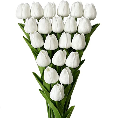 UKELER White Tulips Artificial Flowers 24 Pcs Real Touch Tulip Fake Flowers for Home Office Wedding Decor Bouquet DIY Wreath Flower Arrangement - color: White