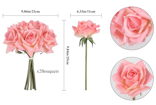 IPOPU Pink Roses Artificial Flowers 2 Bouquets Realistic Fake Roses Real Touch Faux Roses with Stems for Wedding Home Party Table Centerpieces Decoration(Pink) - color: Pink