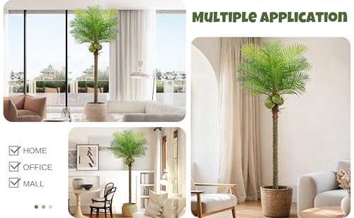 Roselywed Artificial Phoenix Palm Tree 8FT with 15 Leaves & 3 Coconut Fruit & Real Bark Tropical Areca Sago Palm Tall Large Faux Plant 94 Inch Black Pot for Indoor Outdoor Home Poolside Mall Decor - size: 8ft