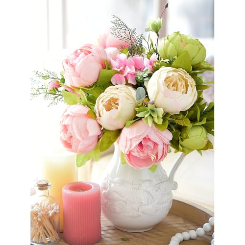 FiveSeasonStuff Artificial Peony Bouquet, Pink, Beige & Green Silk Flowers for Wedding Centerpieces, Bridal Bouquets & Home Decor – Spring Waltz - color: Pink Beige Green