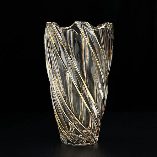 Hand Painted Gold Crystal Vase 11.2 inch Tall-Unique Whirlwind Shaped Glass Large Vase Home Office Decor for Living Room Dining Table Centerpieces, Birthday and Wedding.