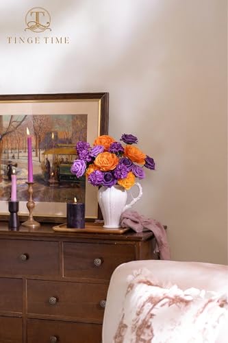 TINGE TIME Artificial Flowers, Fake Rose Silk Dahlia with Stems for DIY Bridal Wedding Bouquets Baby Shower Floral Arrangements Centerpiece Table Party Home Decorations (Burnt Orange and Purple) - color: Burnt Orange and Purple2