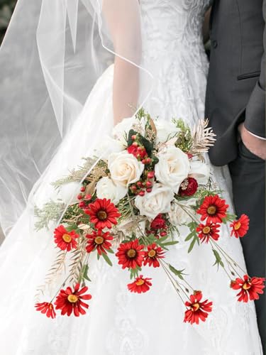 Red 36 Heads Artificial Daisies 6Pcs 29.52” Silk Daisies Flowers with Long Stem Fake Wild Flowers for Room Home Bath Outdoor Garden Party Aisle Arrangement(Red) - color: Red