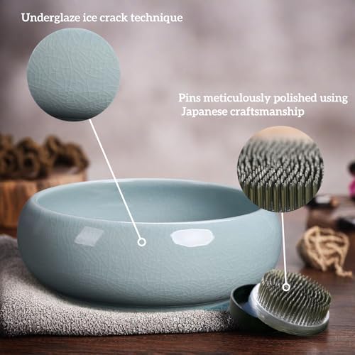 Water Lotus Bowl Planter Kit - Japanese Compote Bowl Ikebana Vase Set w/ 1.8" Floral Frog- Ideal for Ikebana, Flower Arrangement & Hydroponic Planting (Ice Crackle Celadon) - color: Crackle Celadon