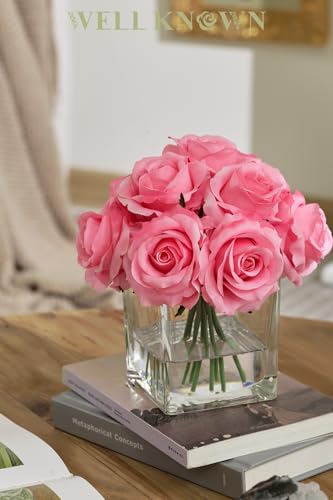 WELL KNOWN Rose Artificial Flowers in Vase with Faux Water, Silk Rose Table Centerpieces for Home Coffee Table Decor, Fake Roses Flower Arrangements for Office Hotel Lavatory Decor (Pink) - color: Pink