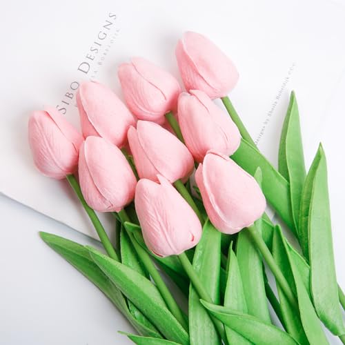 Artificial PU Tulips 10Pcs Real Touch Fake Flower Arrangement Bouquets for Home Office Wedding Decoration (Pink) - color: Pink