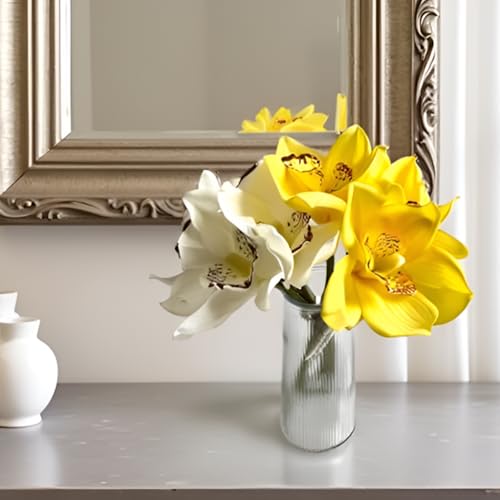 8Pcs Real Touch Artificial Cymbidium Orchids Bouquet, White and Yellow Realistic Silk Artificial Orchids, Artificial Flowers Outdoor Fake Flowers Green Shrubs Plants for Wedding Home Decoration