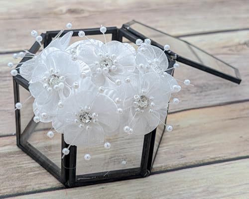 72PC Artificial Organza Flower Rhinestone Pick for Home Craft Decor DIY Wedding Bridal Veil Headband Dress Cake Topper Embellishment Scrapbook Favor Corsage Floral Bouquet Arrangement (White) - color: White