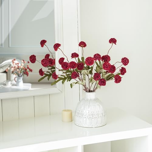 Laelfe Artificial Kiku Flower Wind Red- 5 Pcs Fake Pompon Mums Silk Small Chrysanthemum Faux Ball Fall Flower Stem Decor for Wedding Filler DIY Bouquet Centerpieces Arrangements Shower (Dark Red) - color: Dark Red