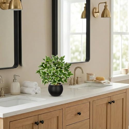 2 Packs Artificial Plants in Black Pot, 12" Faux Plant | Realistic Tradescantia Zebrina Fake Plants Potted Decorative for Home Kitchen Office Desk Bookshelf Decor - color: White-green
