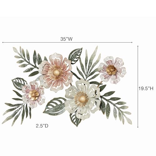 Floral Sway Wall Art Sculpture | Flower Blossoms | Bloom Metal Wall Art Decor | Hanging Wall Decor | Leaf | Pastel Pink Ivory Gold | Horizontal Vertical Nature | Handpainted | Dimensional Home Accent
