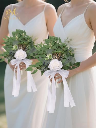 Wedding Bouquets for Bride,Set of 6,Rose White Bridesmaid Bouquet, Eucalyptus Greenery Wedding Floral Arrangements Suitable for Bridal Shower, Toss Bouquet, Wedding Centerpiece, Ceremony Decor - color: 6pcs White&green Bouquets