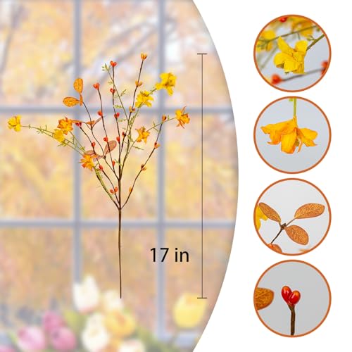 Artificial Fall Flowers with Berries 12 Pack Fall Floral Picks 17 Inch Orange Berry Stems with Orange Flowers Eucalyptus Leaves for Autumn Harvest Thanksgiving Day Flower Arrangements