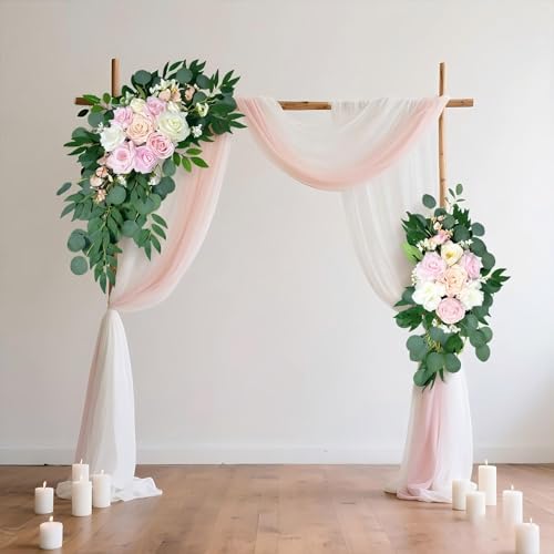 Artificial Wedding Arch Flowers (Pack of 2), White Wedding Flowers for Wedding Welcome Ceremony Sign, Faux Floral Swags, Banquet and Reception Backdrop Floral Decoration (White & Pink) - color: White & Pink