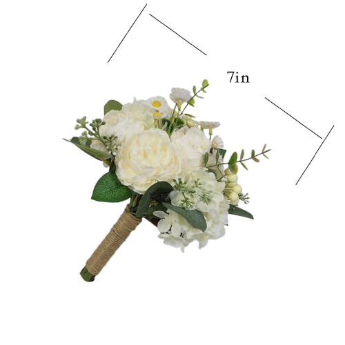 9in Artificial Bridal Bouquet - White Roses Fake Flowers with Eucalyptus/Daisy ，Wedding Photography Props, Bridesmaid Bouquet，Realistic Silk Material (Set of 2 Bridesmaid Bouquets)