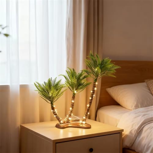 Artificial Coconut Palm Tree, 11 Inch Mini Plastic Tropical Desk Decor with Warm Light for Christmas, Wedding, Party Landscape Decoration