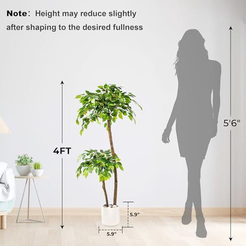 4FT Artificial Ficus Tree with White Planter and Pebbles,Faux Silk Tree with Lifelike Leaves and Realistic Trunk,Tall Fake Potted Plant for Home and Office Décor Indoor and Outdoor (4FT) - size: 4ft