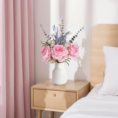 Artificial Flowers in Vase, Silk Roses Flowers Artificial Eucalyptus Lavenders Small Daisies and Fake Plants in White Ceramic Vase, Faux Flowers for Coffee Table Décor, Spring Decorations for Home - color: Blush