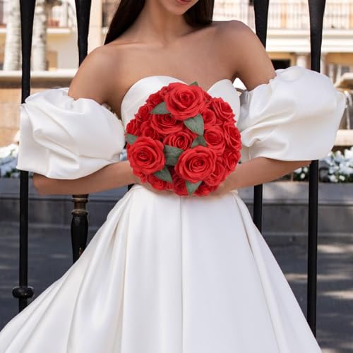 25pcs Red Roses Artificial Flowers 3.94" Large Silk Roses with Stems Real Look Faux Roses for Wedding Table Centerpieces Arrangement Home Decor(Red) - color: Red
