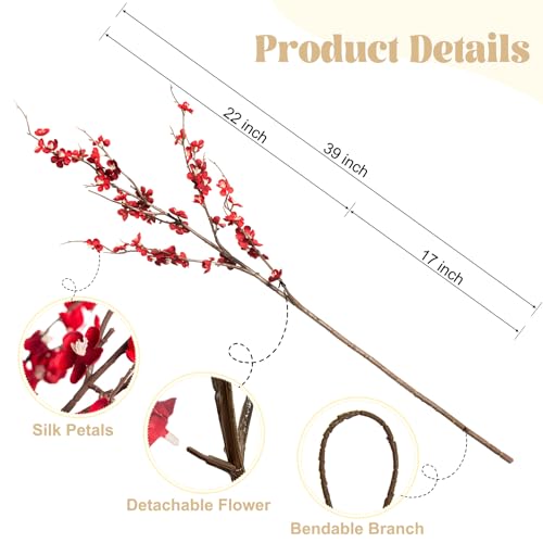 Ammyoo 4Pcs Cherry Blossom Branches Artificial Flowers for Spring Summer Indoor Decoration,Faux Long Stem Artificial Flowers for Wedding Home Office Bedroom Party Table Centerpieces Decor(Red) - color: Red