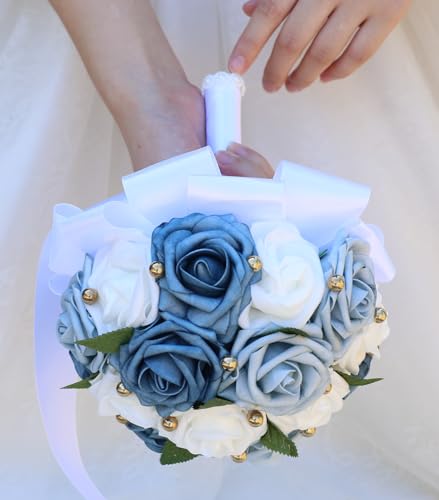Handmade Wedding Bouquet Artificial PE Rose Bridal Bridesmaid Bouquet with Soft Ribbons Wedding Hand Holding Bouquet Artificial Fake Flowers Toss Bouquet(B-Light Blue & Blue & White, 9.1"/23cm) - color: B-light Blue & Blue & White, size: 9.1"/23cm