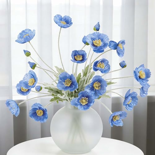 Set of 6 Poppies Flowers Artificial, Real Touch Silk Flowers with Long Stems for Vase, Realistic Faux Wildflowers Arrangement for Home Office Farmhouse Wedding Party Indoor Decor (Dark Blue) - color: Dark Blue