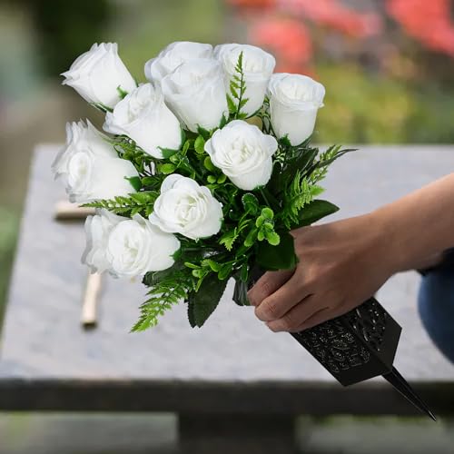 Artificial Cemetery Flowers, Grave Memorial Flowers, Set of 2 Artificial Rose Bouquet with Vase for Cemetery Headstones Gravesites Decoration (White) - color: White