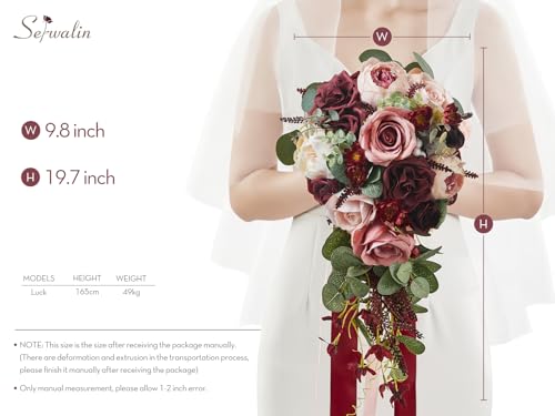 Serwalin 10 Inch Wedding Bouquets for Bride Bridesmaid, Burgundy Pink Bridal Bouquets for Bride, Artificial Bouquets of Flowers for Wedding Ceremony Bridal Shower and Anniversary Day Decor - color: Attractive Burgundy Pink