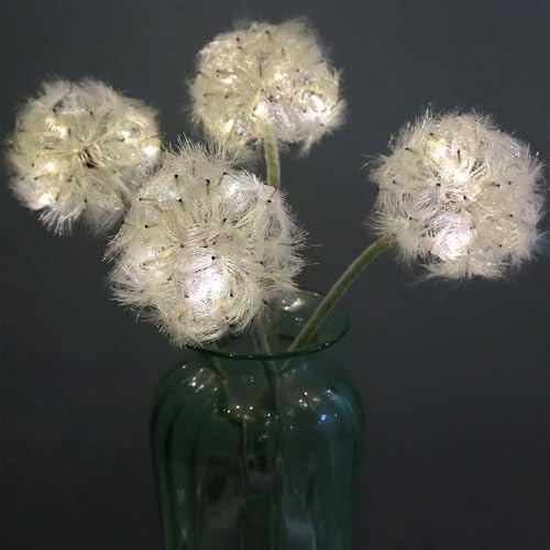 TOPIA Artificial Dandelion Flowers with LED Lights with Timer Faux Dandelion Wish Flowers for Christmas Decoration Home Decoration (4 Pcs) - color: White Led, size: 4