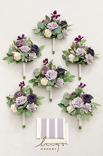 Ling's moment Artificial Bridesmaid Bouquets Set of 6,Purple Wedding Flower Bouquets Lilac Rose Floral Bouquet Bridal Bouquets with Ribbon Ceremony Anniversary,7-inch Diameter - color: Prpl-lilac & Gold