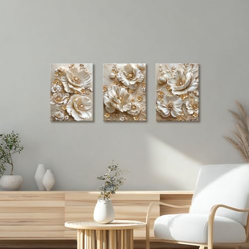3 Pcs Modern Beige Gold Peony Floral Canvas Wall Art, Neutral Elegant 3d Beige Flowers Wall Painting White Blooming Floral Pictures Posters Art Print Home Decor for Bedroom Living Room Office 12"x16"x3 - color: Flower-gold peony, size: 12"x16"x3Pcs