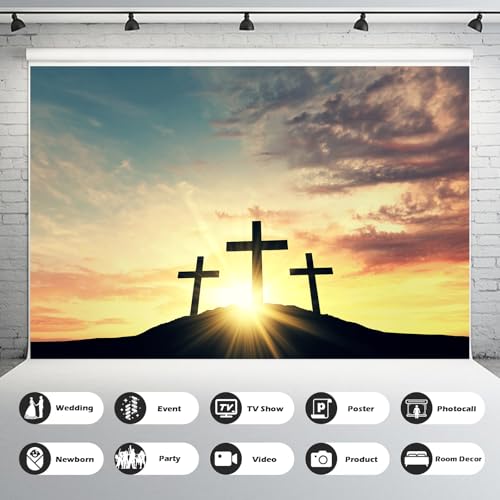 Jesus Christ Cross Backdrop Three Crosses On Mountain Sunrise Sunset Photography Background Sepulcher Lord Pray Christmas Easter Crucifixion Religious Belief Church Event Easter Backdrop 5x3ft - color: Sunset Orange, size: 5x3ft